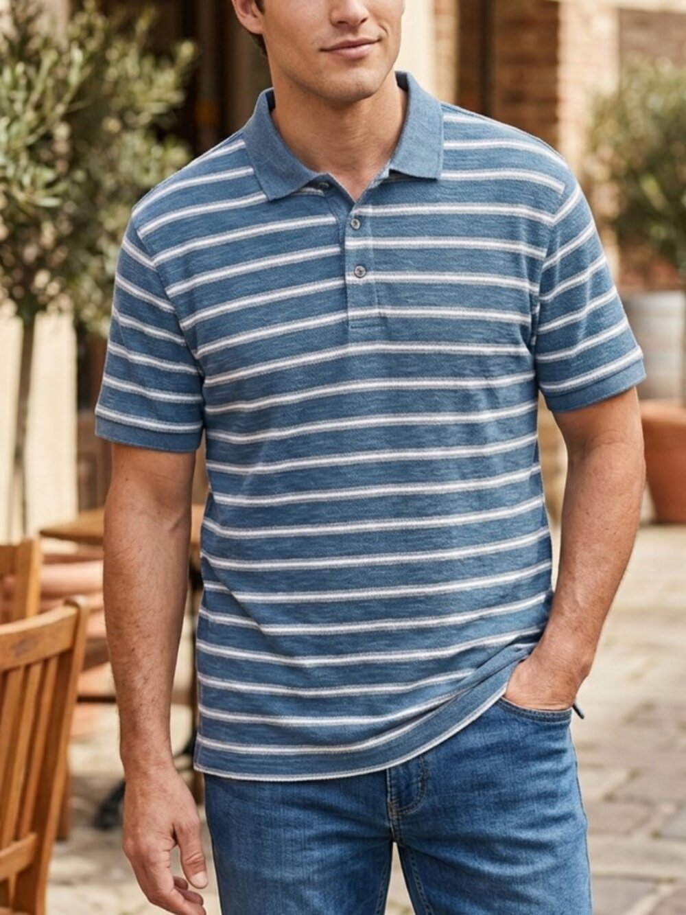 Coastal Grandpa Eddie Bauer Blue Striped Polo 2XL Nautical Lake House Aesthetic